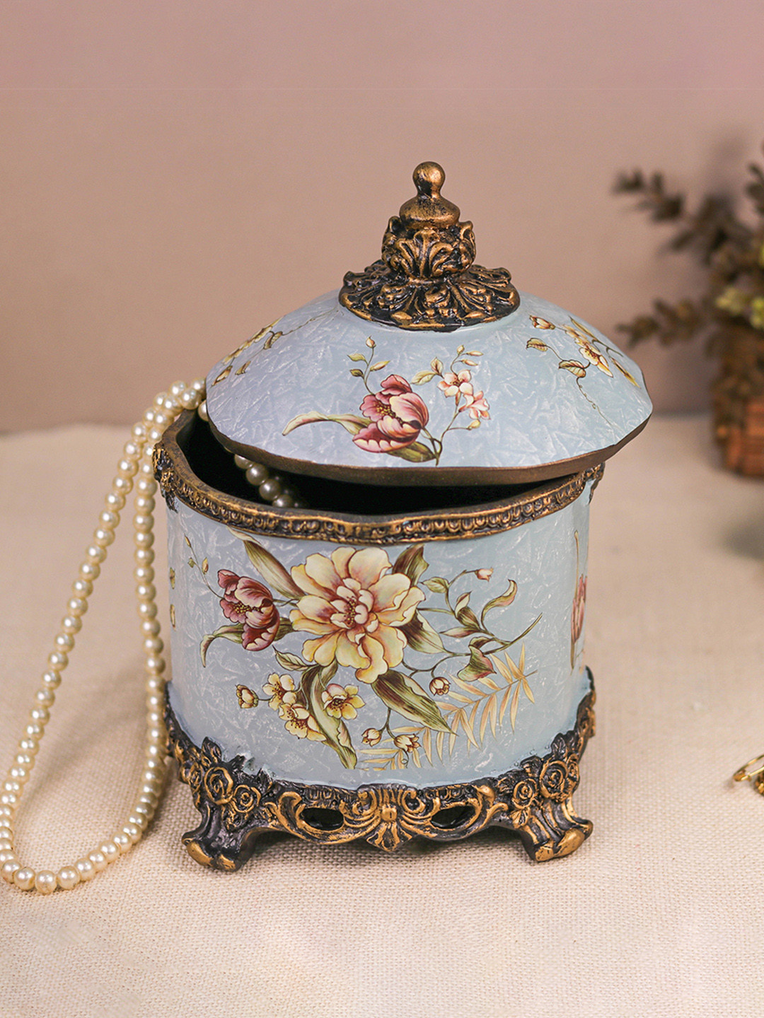 DECOR BAE Gold-Toned Floral Printed Antique Jewellery Box