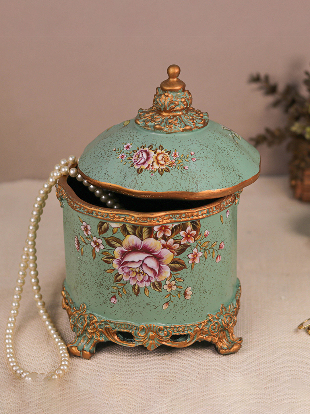 DECOR BAE Gold-Toned Floral Printed Jewellery Jar Antique Premium