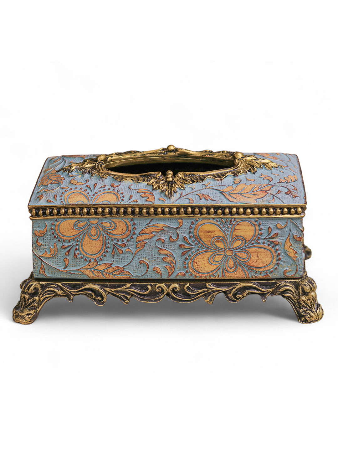 DECOR BAE Blue Floral Print Antique Tissue Holder