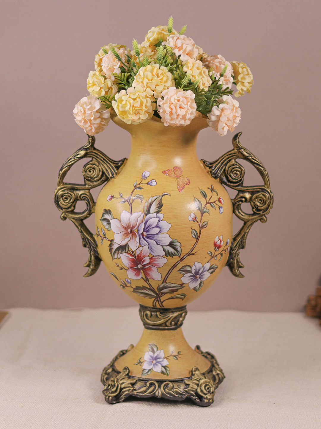 DECOR BAE Yellow & Gold Toned Flower Printed Trophy Vase Premium Trophy Vase