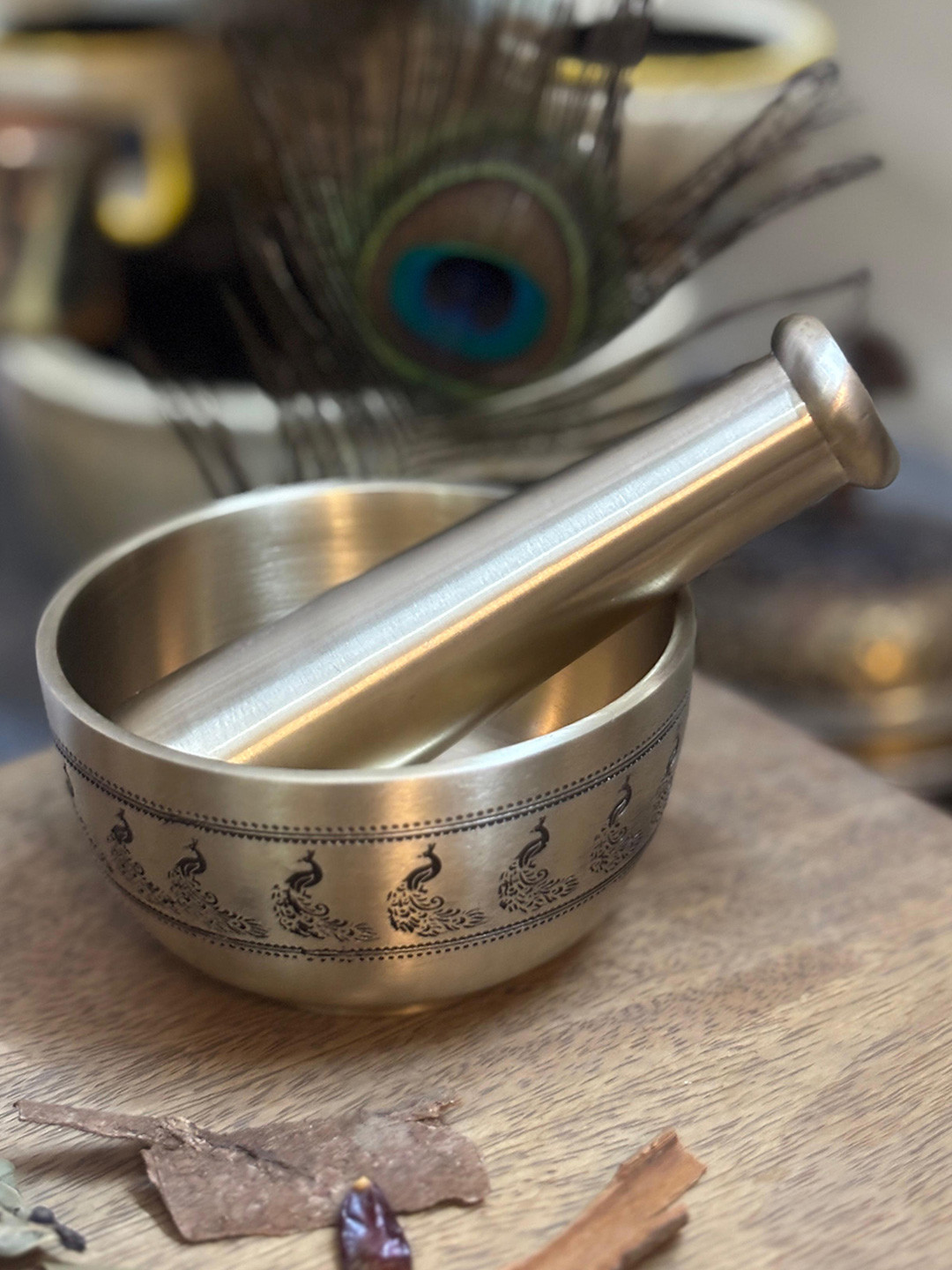 PURI Gold-Toned Indian Peacock Mortar And Pestle