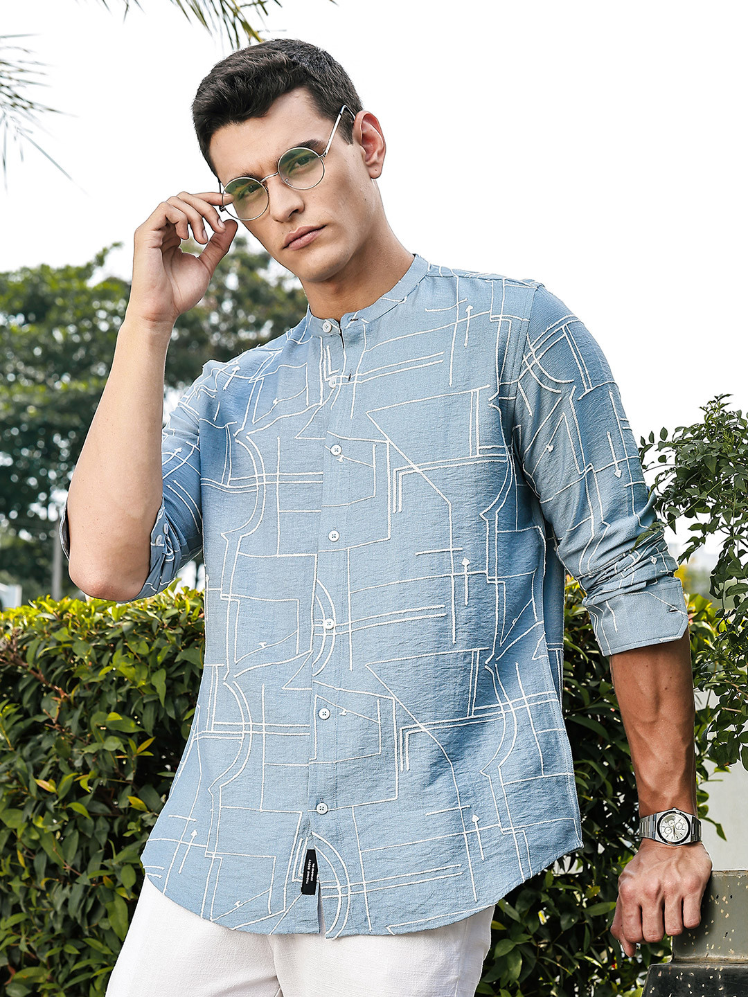 Thomas Scott Men Abstract Solid Mandarin Collar Casual Shirt