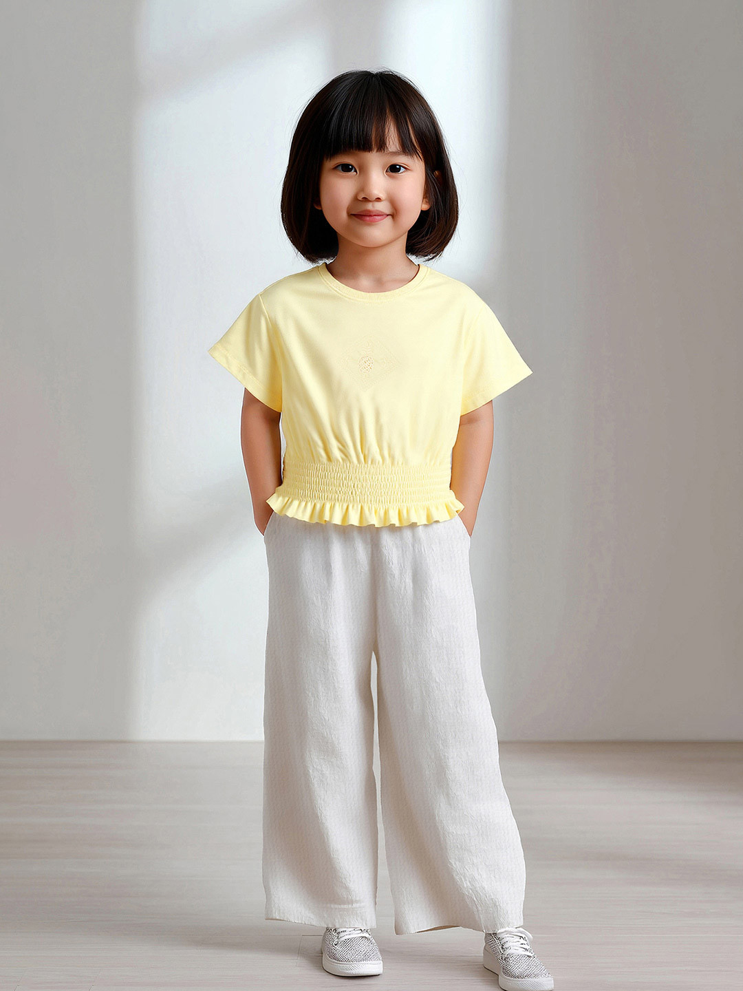 max Girls Solid Round Neck Smocking Cotton Top