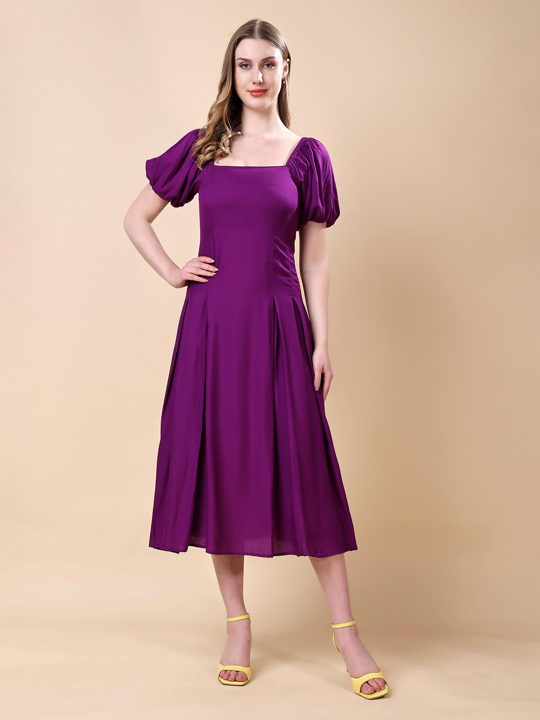 MODA-Q Women Solid Square Neck Puff Sleeve Fit & Flare Midi Dress
