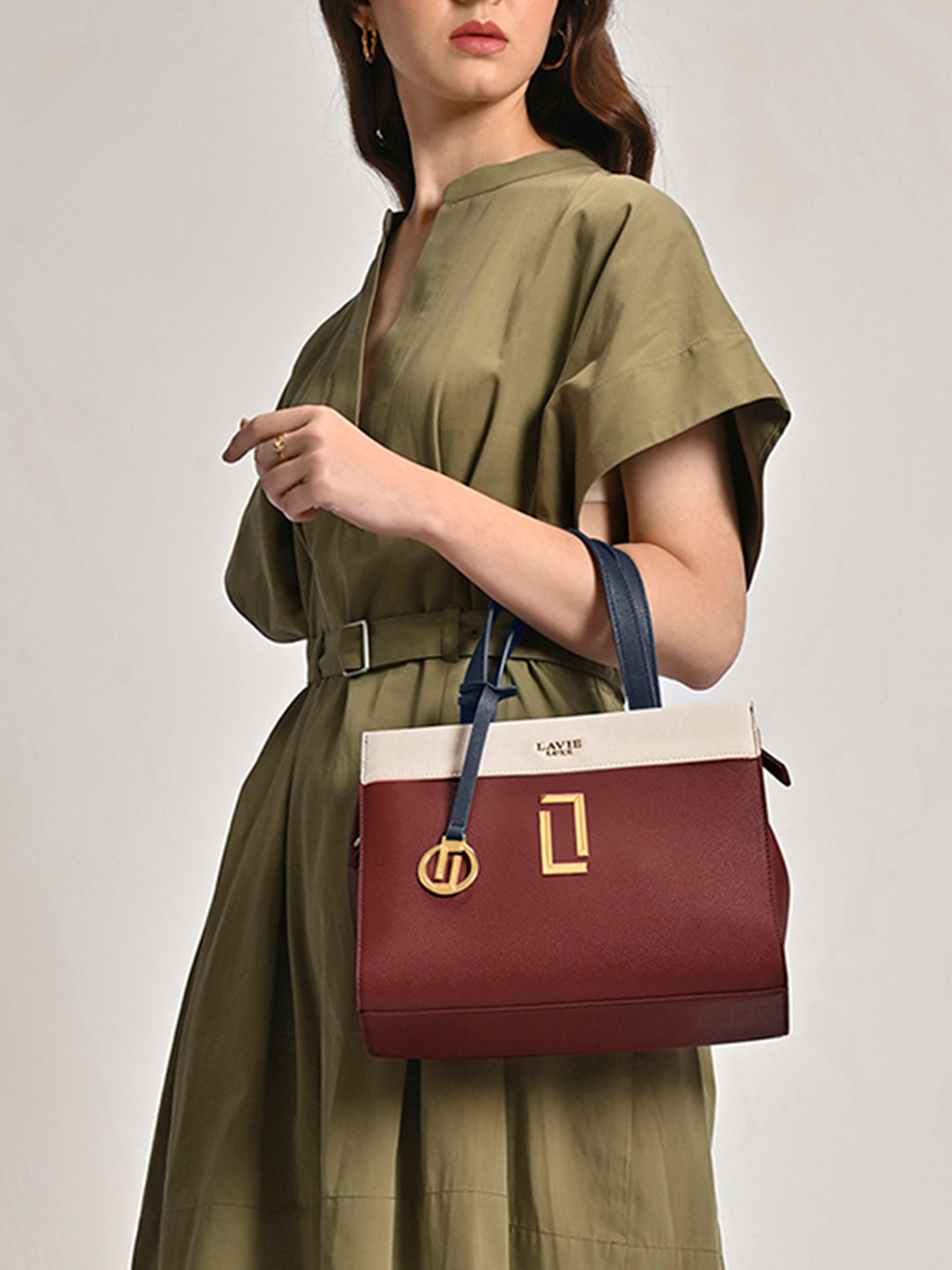 LAVIE LUXE Colourblocked Tricolour Detachable Strap Structured Satchel Bag