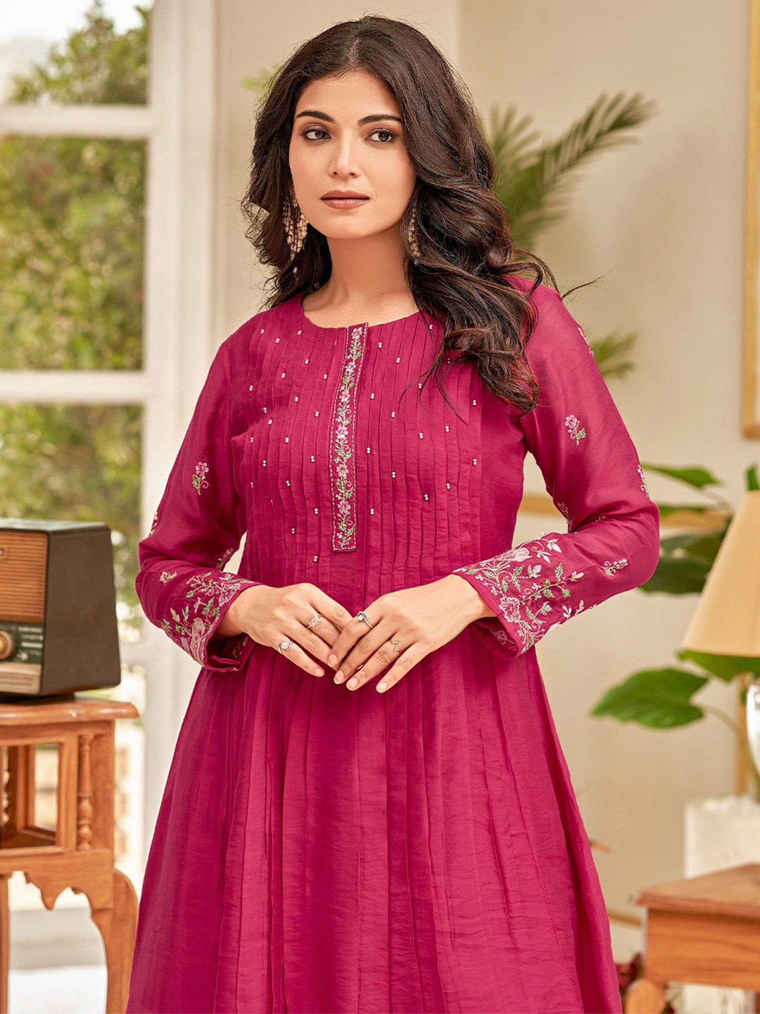 Varanga Floral Embroidered Thread Work Chanderi Cotton A-Line Kurta With Palazzos