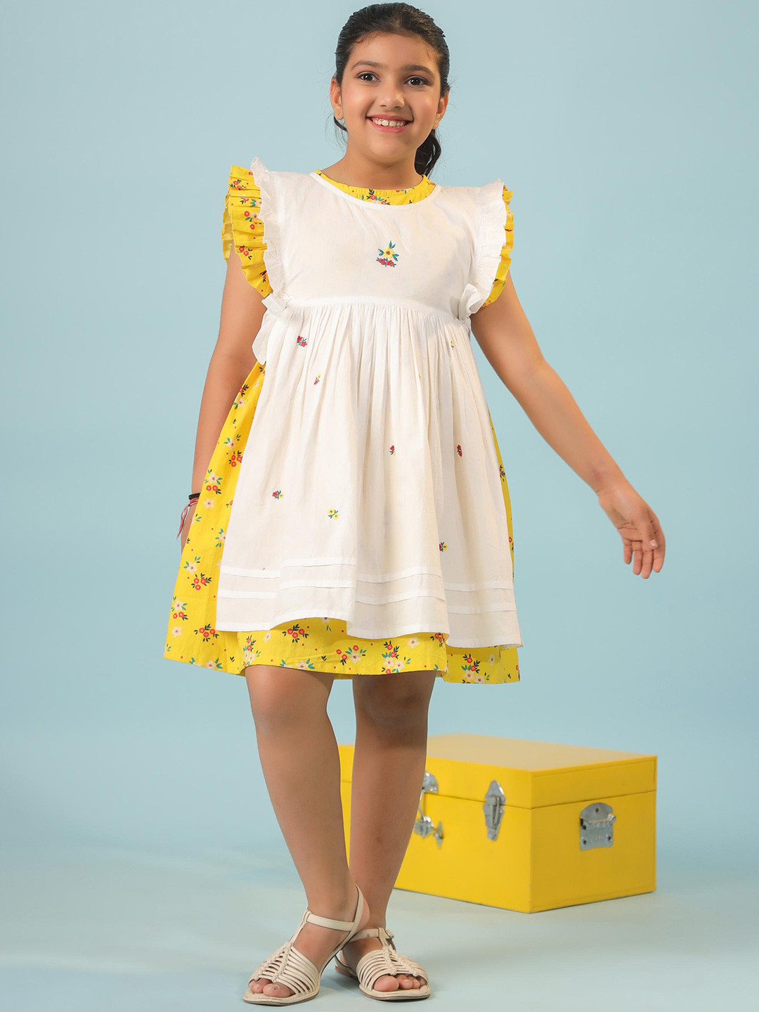 Sangria Girls Floral Rosemary Embroidered Cotton Fit & Flare Dress