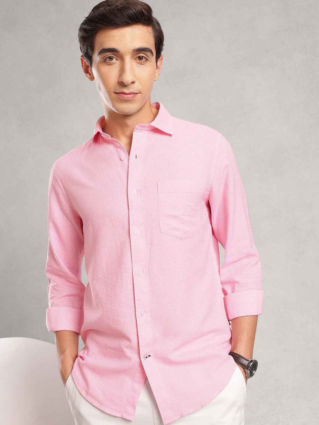 Men Pure Cotton Micro Checks Slim Fit Shirt