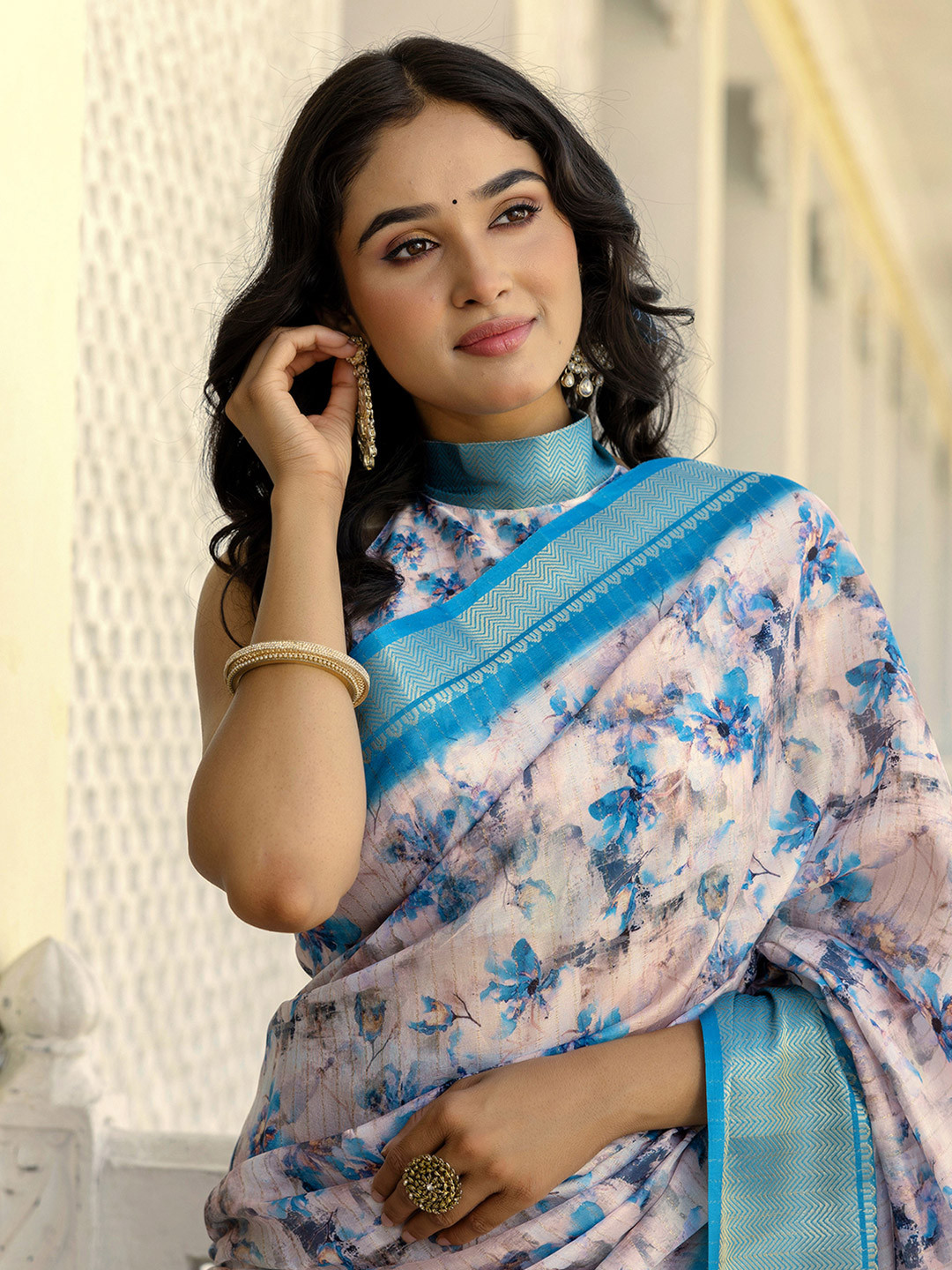 Satrani Floral Printed Zari Ready to Wear Saree