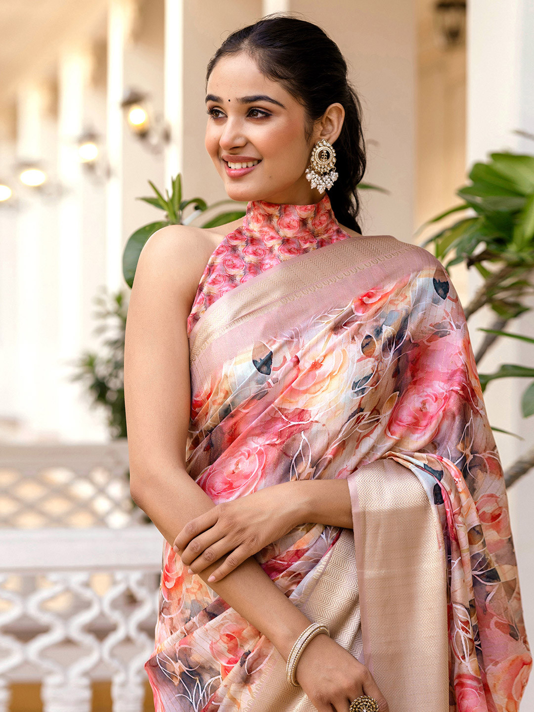 Satrani Floral Print Zari Silk Woven Design Saree