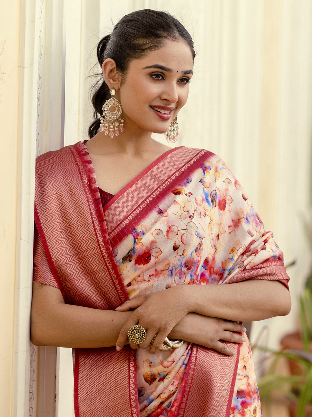 Satrani Floral Zari Silk Blend Ready to Wear Saree