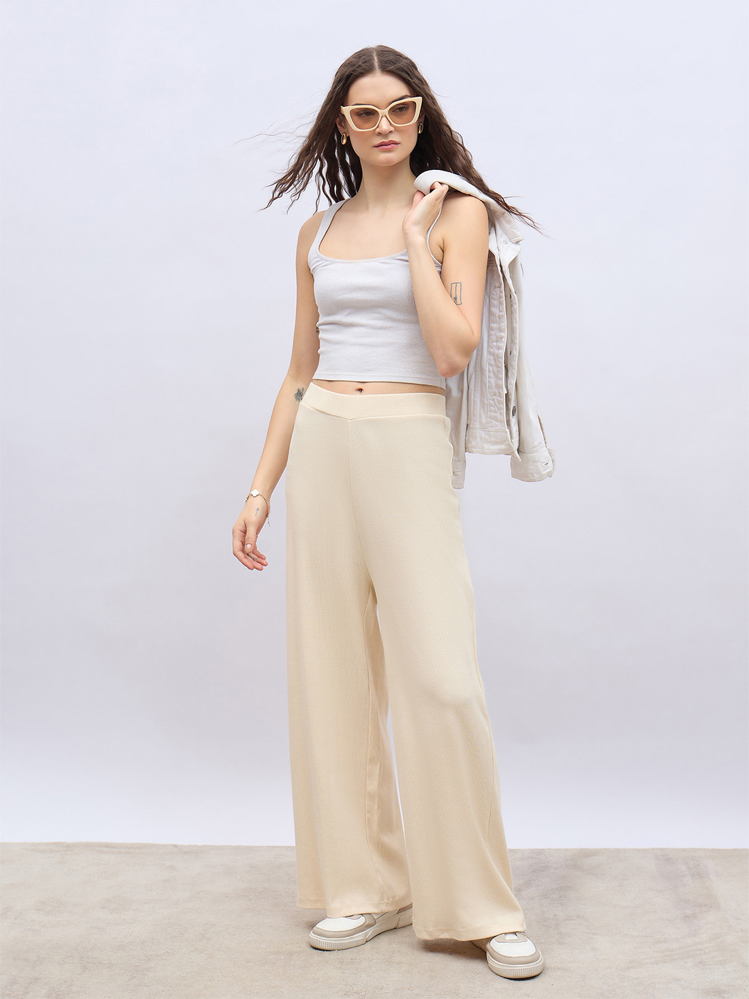 Styli Women Cotton High-Rise Ultra Wide-Leg  Ribbed Casual Track Pants