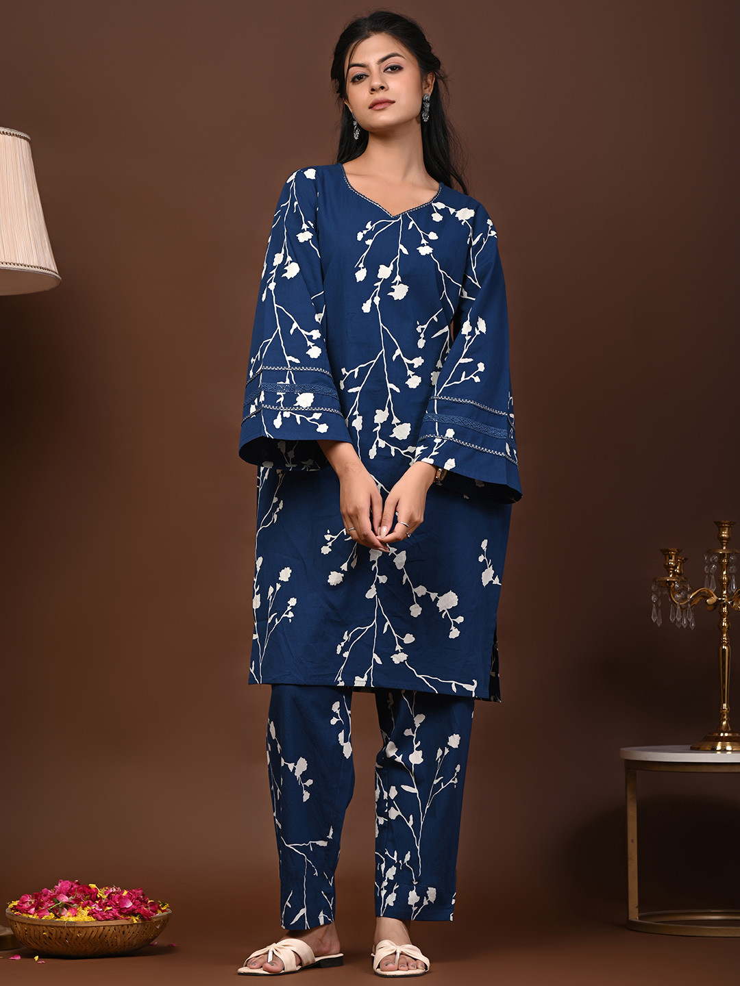 Rimeline Floral Printed V-Neck Flared Sleeves Pure Cotton Straight Kurta With Trouser