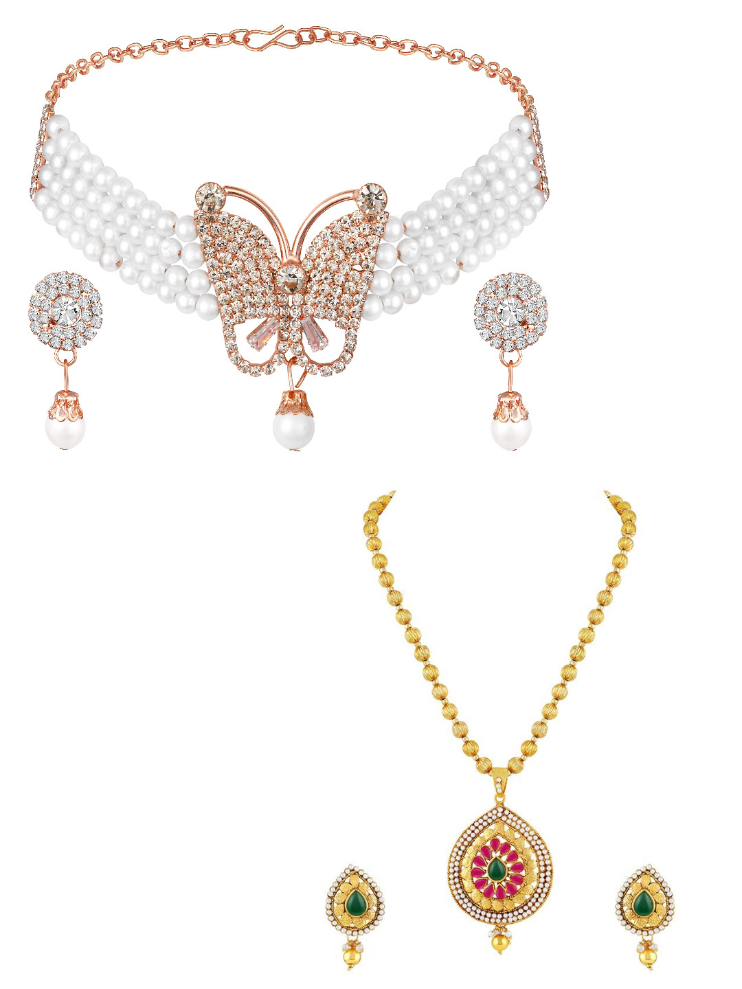 ASMITTA JEWELLERY Set Of 2 Rose Gold-Gold Plated Stone-Studded & Beaded Jewellery Set