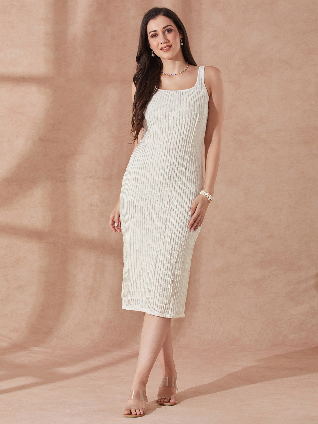 Globus Square Neck Lace Detail Back Slit Midi Bodycon Party Dress