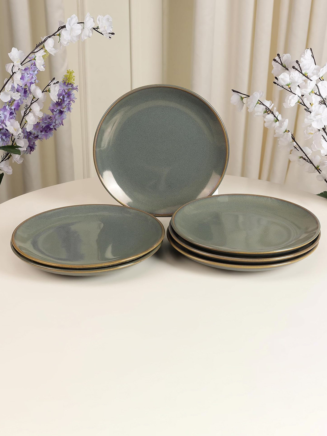 THE WHITE SPACE LIVING Olive Green 6 Pieces Ceramic Dishwasher and Microwave Safe Plates