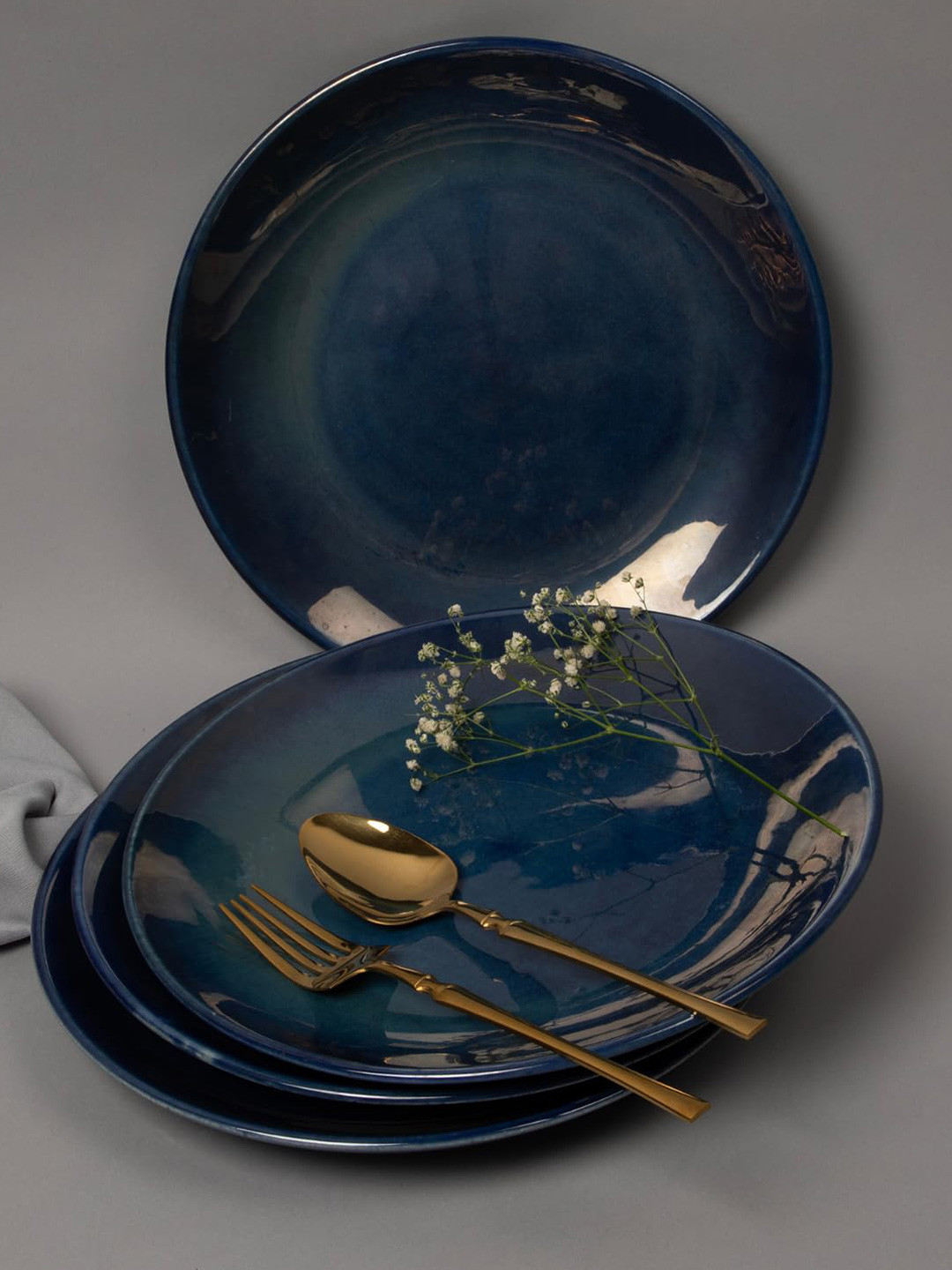 THE WHITE SPACE LIVING Navy Blue 4 Pieces Ceramic Dishwasher and Microwave Safe Plates