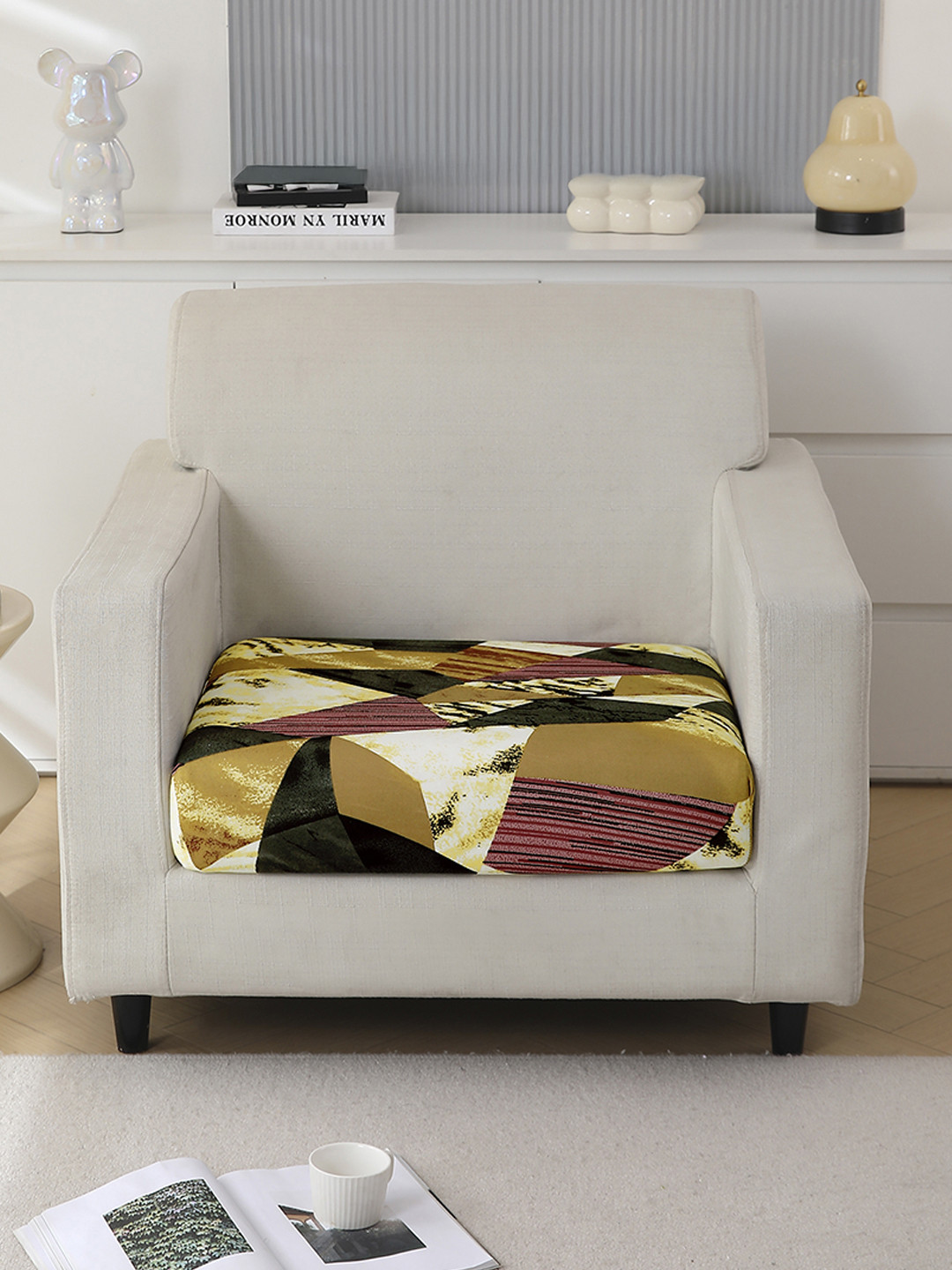 HOKIPO Wine & Mustard Printed Polyester 1 Seater Sofa Seat Cover