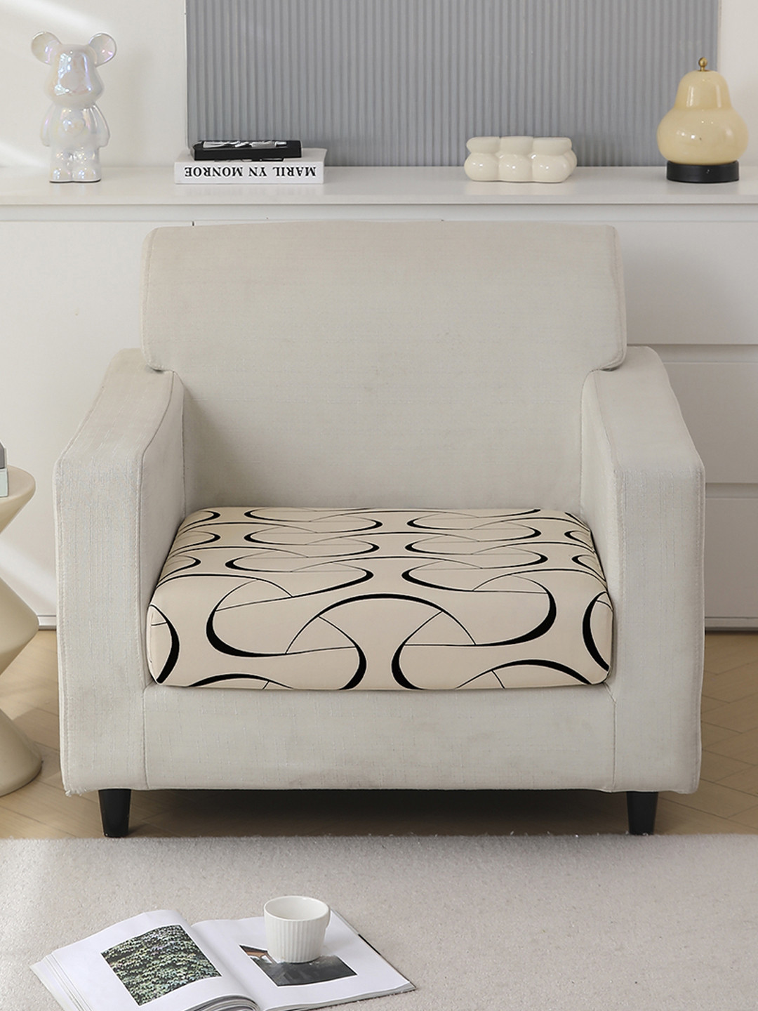 HOKIPO Beige & Black Printed Polyester 1 Seater Sofa Seat Cover
