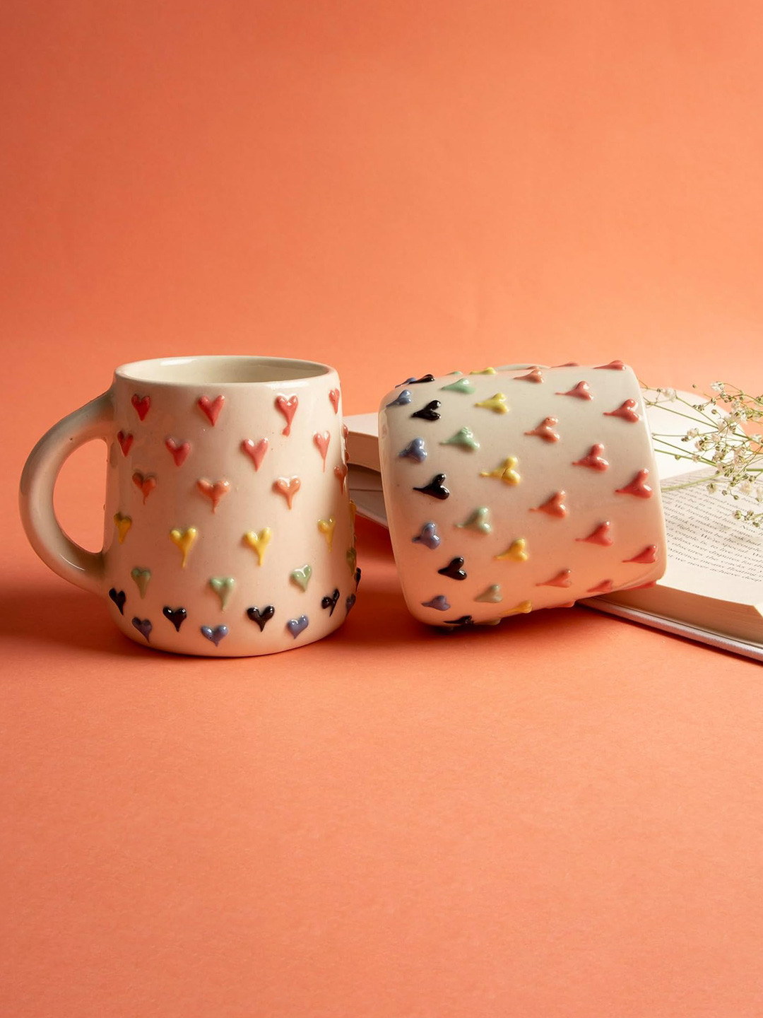 THE WHITE SPACE LIVING Sicilia White Abstract Ceramic Handmade 2 Piece Mugs-300ml