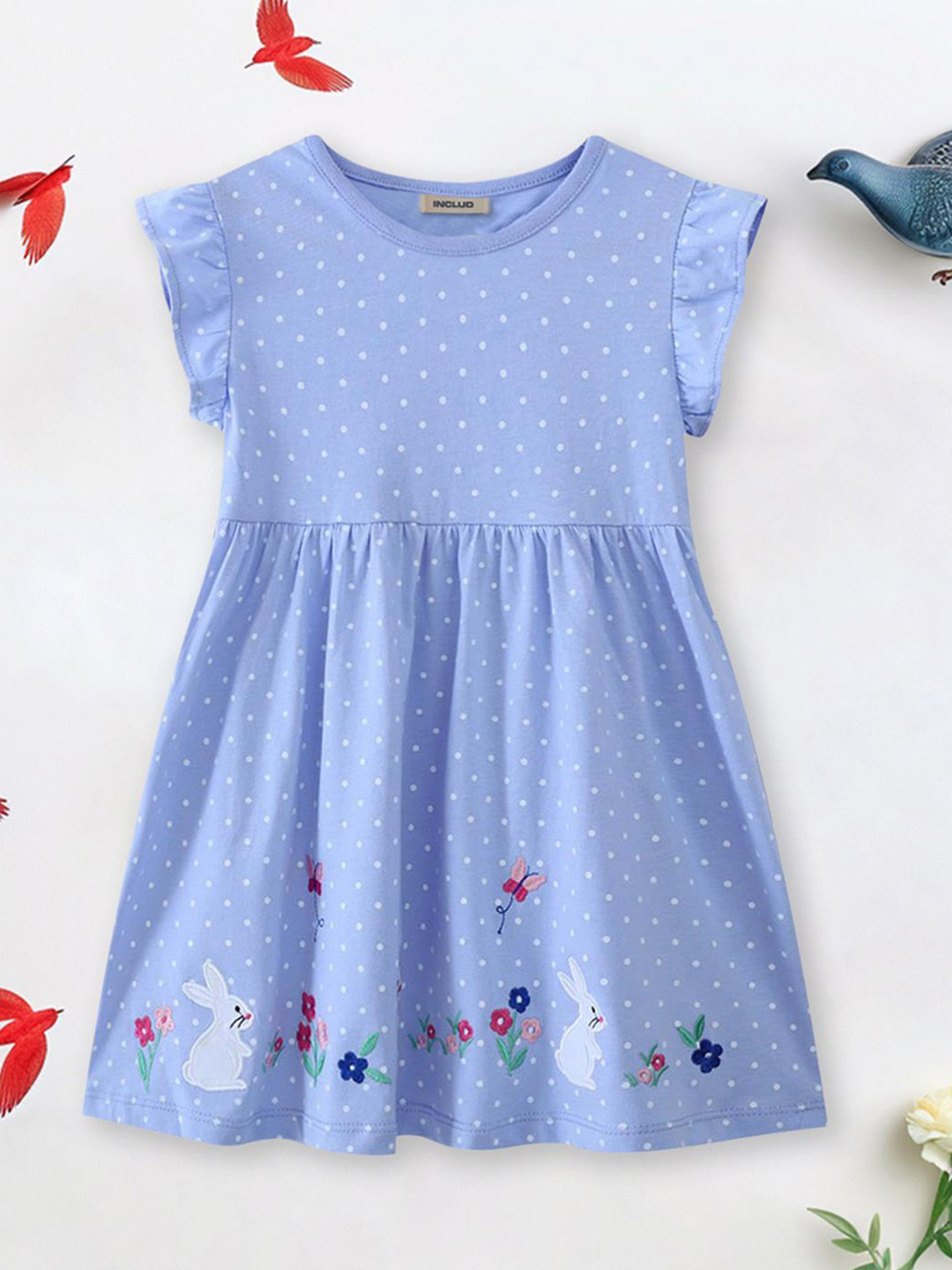 INCLUD Girls Polka Dots Flutter Sleeve Fit & Flare Dress