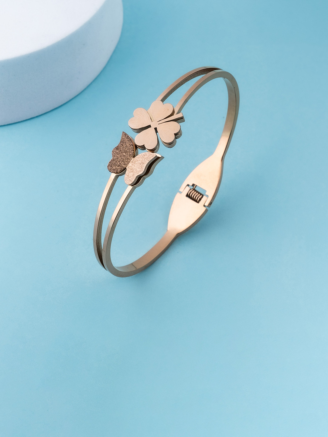 RHOSYN Rose Gold-Plated Stainless Steel Cubic Ziconia Studded Bangle-Style Bracelet