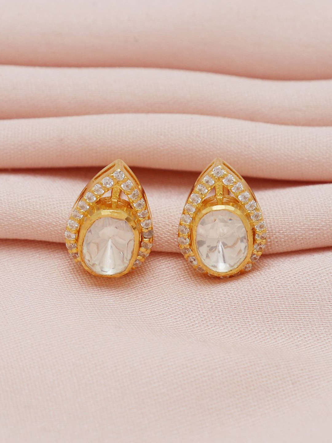 Raj Gems 925 Silver Gold-Plated Pear Shaped Artificial Stones Studded Studs
