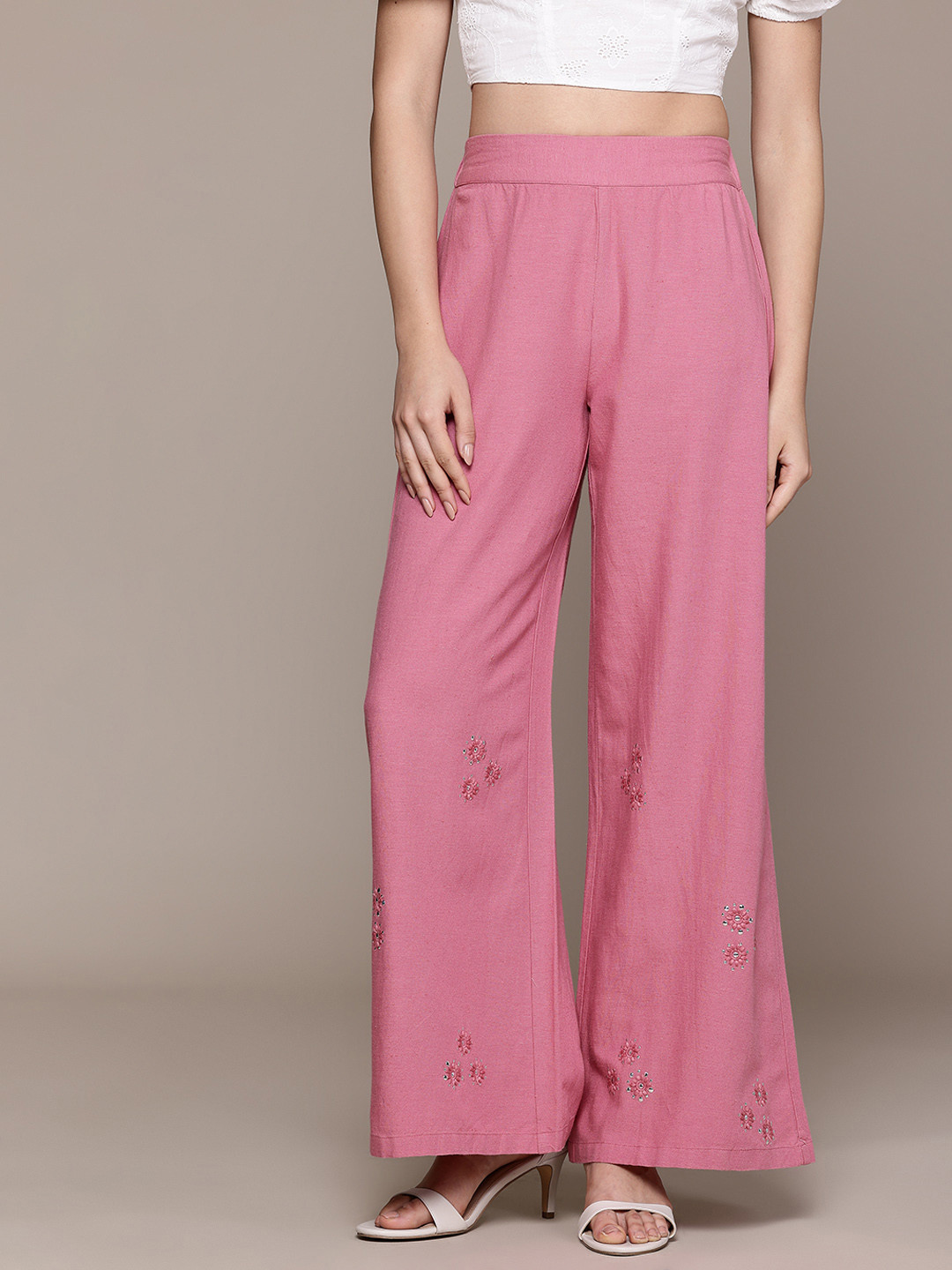 MANGO Women High Rise Floral Embroidered & Studded Wide Leg Trousers