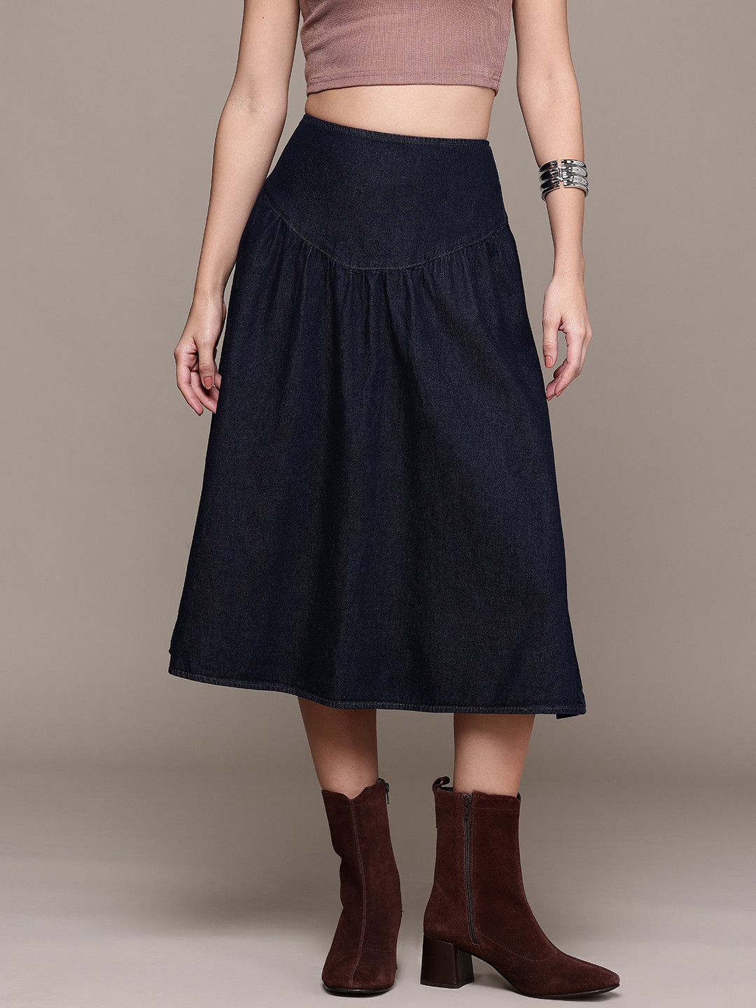 MANGO Chambray Pure Cotton Pleated Flared Midi Skirt