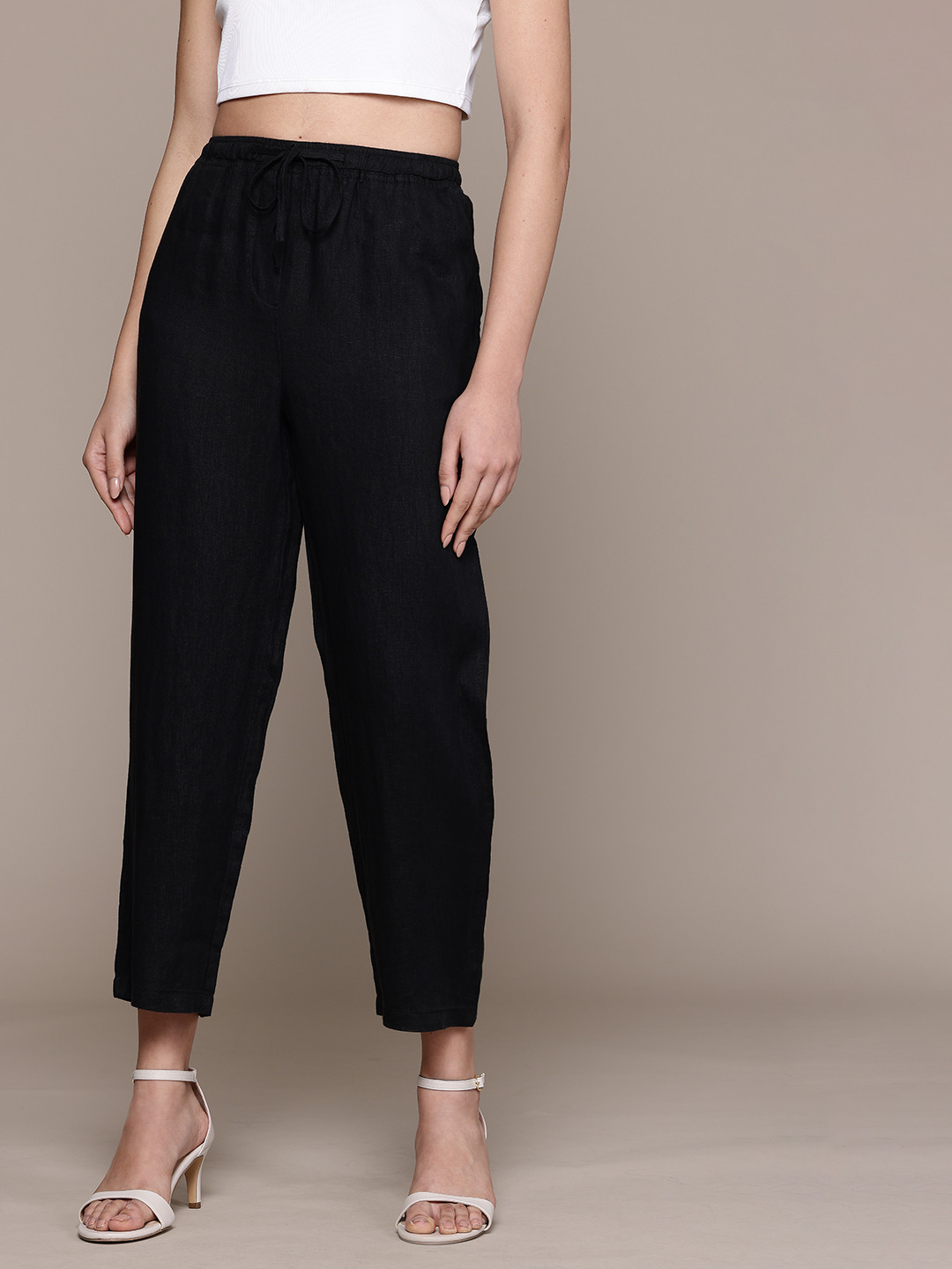 MANGO Women High-Rise Cropped Linen Trousers