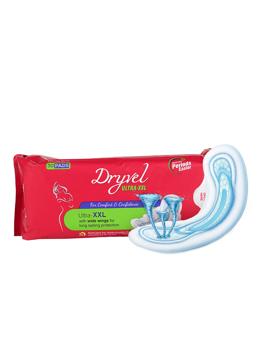 Dryvel Ultra Long lasting Protection Sanitary Pads With Wider Wings XXL- 30 Pcs