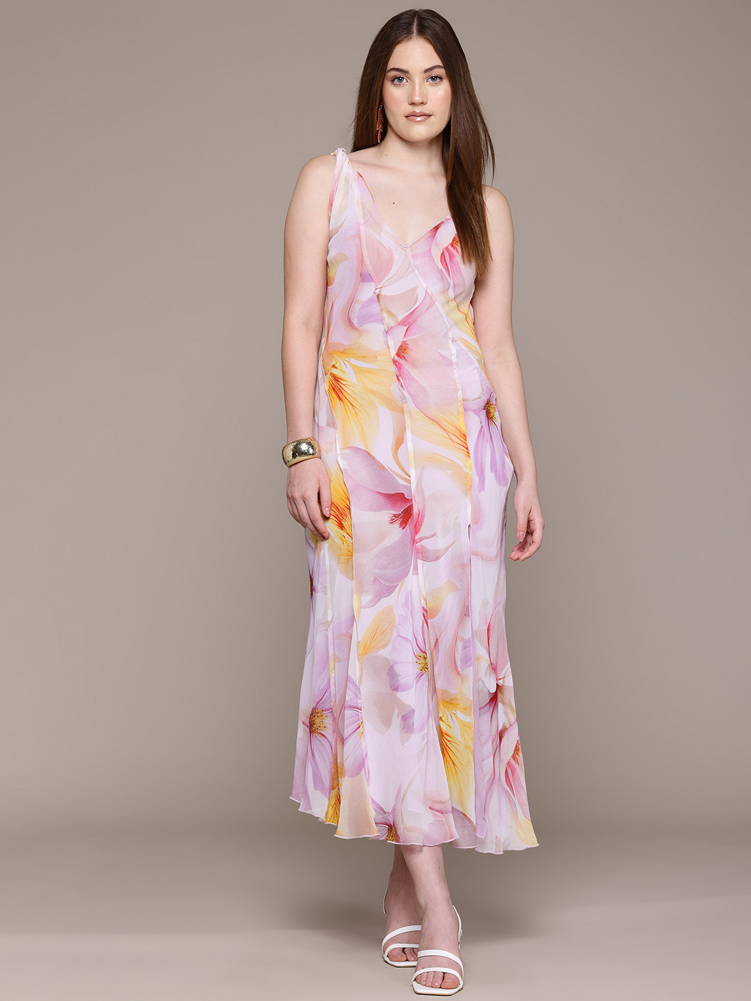 MANGO Floral Paneled A-Line Midi Dress