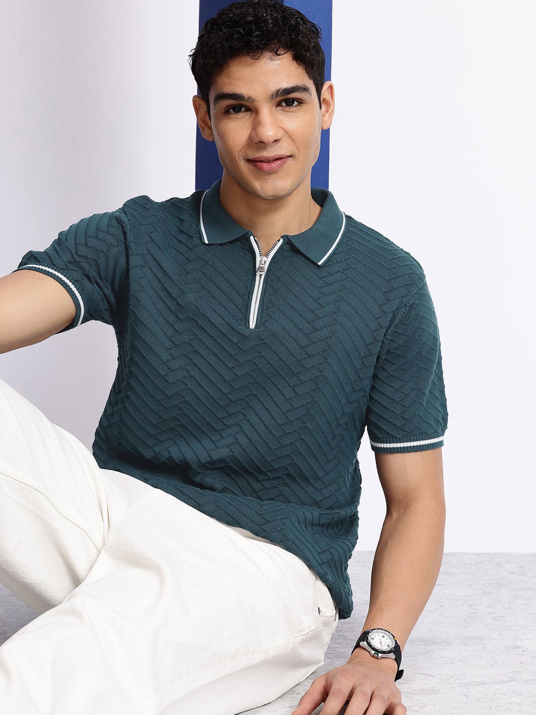 Aeropostale Men Self Design Polo Collar Pure Cotton T-shirt