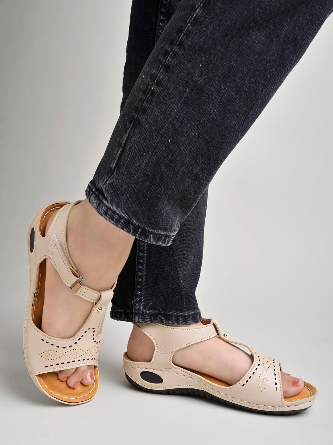 Stylestry Laser Cuts Ankle Loop Open Toe Block Sandals Heels