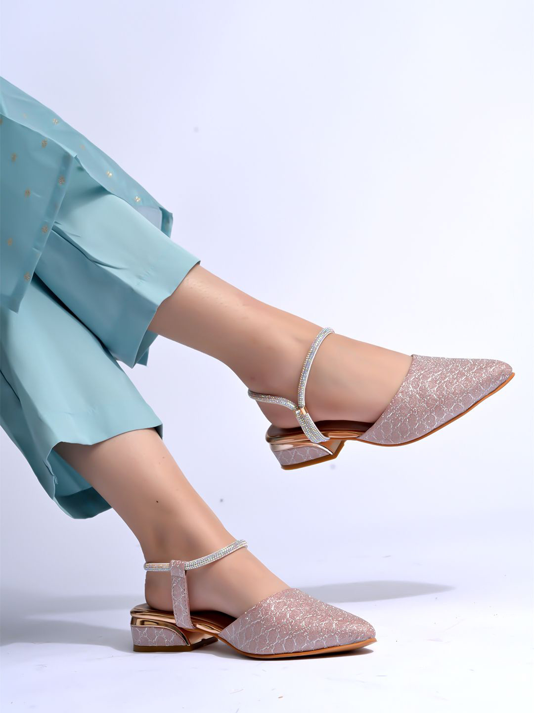 Stylestry Textured Pointed Toe Ankle Loop Block Pumps Heels