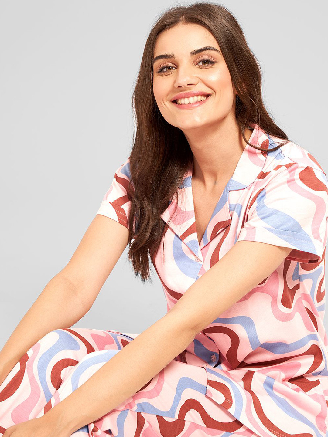 AV2 Women Lapel Collar Printed Pure Cotton Night suit