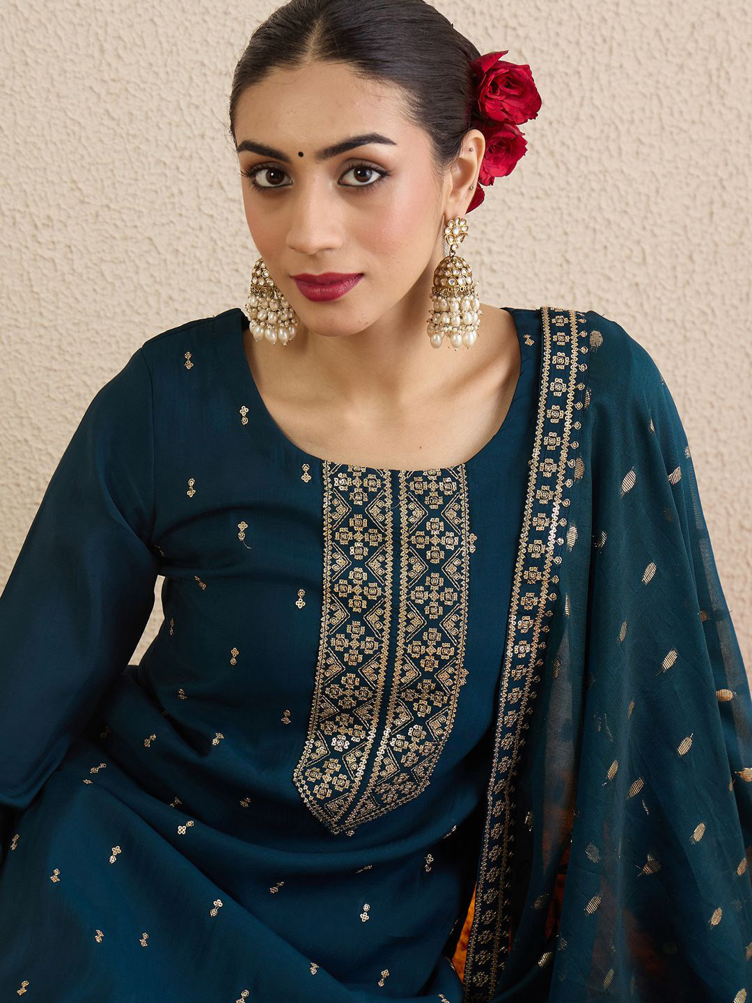 Indo Era Women Solid Embroidered Kurta with Palazzo & Dupatta