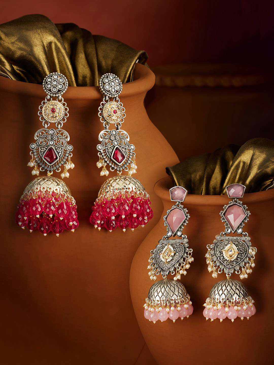 Zaveri Pearls Set Of 2 Silver-Plated Stones Studded & Beaded Antique Dome Shaped Jhumkas