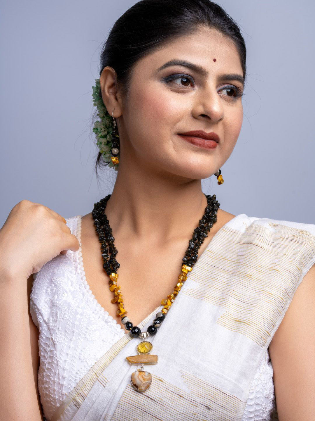 Look and Adorn Onyx Pendant with Mother of Pearl Necklace Set with Earrings