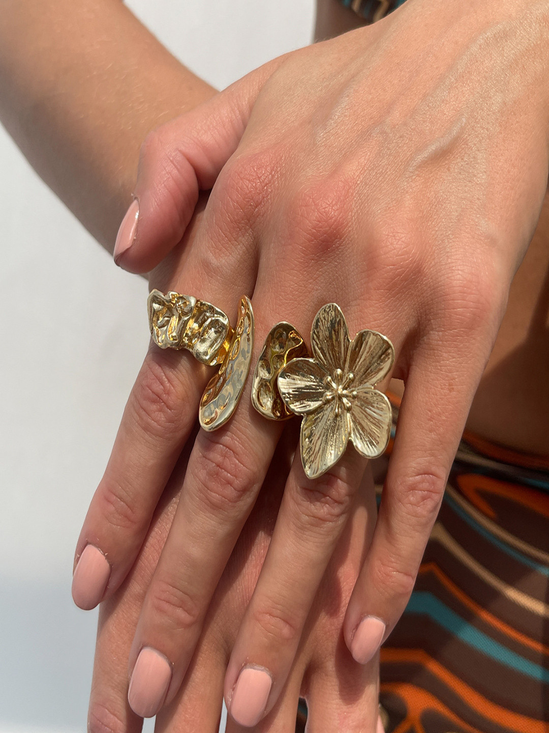 AQUASTREET Set of 3 Gold Anti-Tarnish Boho Textured Floral & Abstract Statement Stack Ring