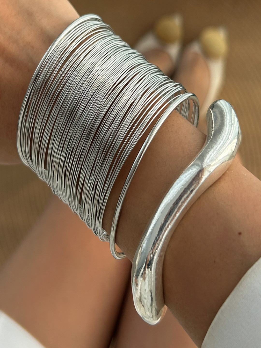 AQUASTREET Set of 2, Silver Plated Anti-Tarnish Coil Wire and Wavy Statement Cuff Bracelet