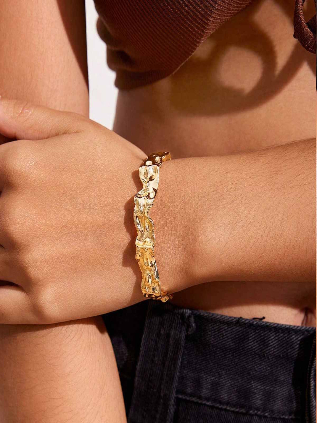 AQUASTREET Glossy Gold Plated Anti-Tarnish Hammered Chunky Adjustable Cuff Bangle Bracelet