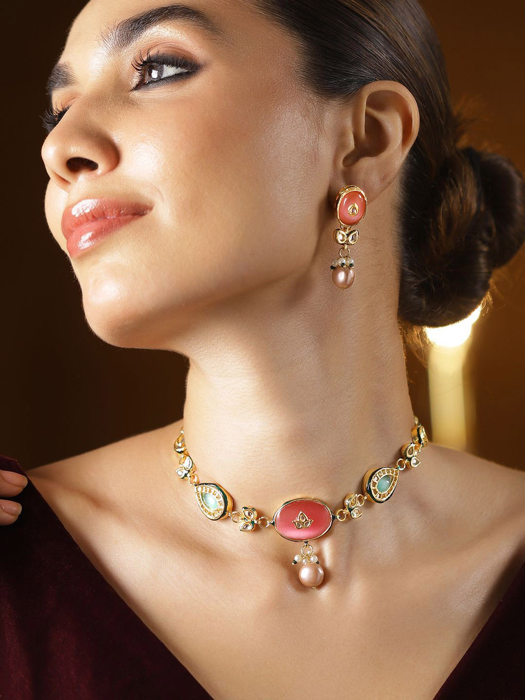 Rubans 22K Gold-Plated Enamel Kundan Choker Set with Rosy Pink & Green Stones and Beads