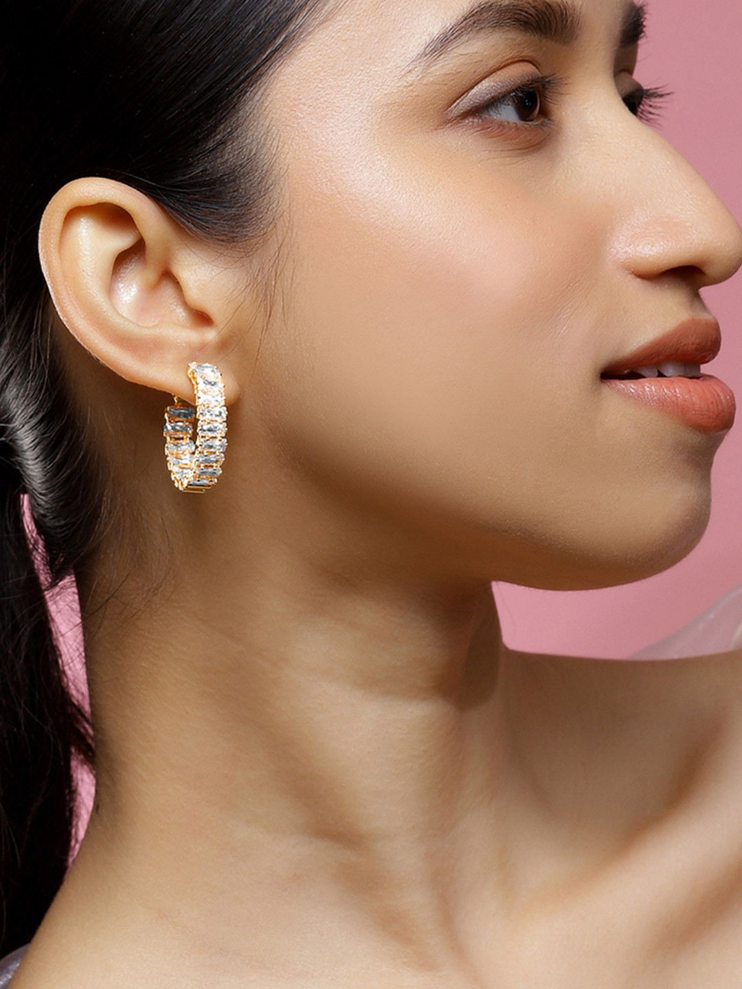 Rubans 22K Gold-Plated White Baguette Cubic Zirconia Studded Hoop Earrings