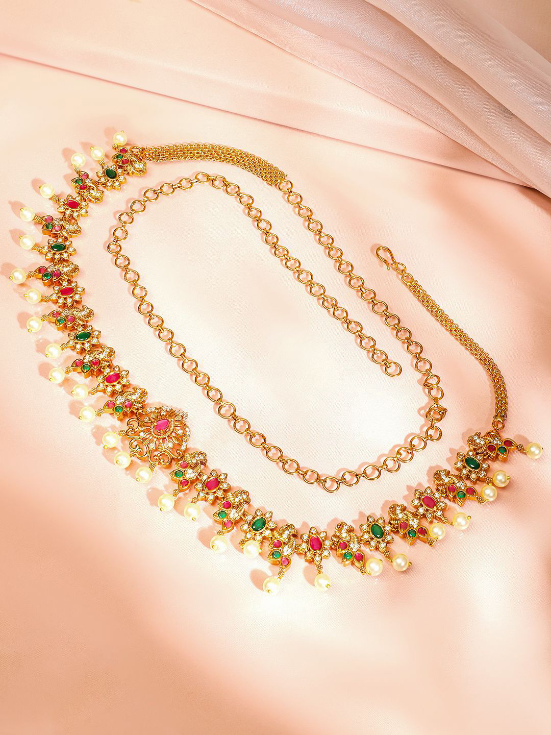 Rubans 22K Gold-Plated Ruby Emerald & Cubic Zirconia Beads Waist Chain Kamarbandh