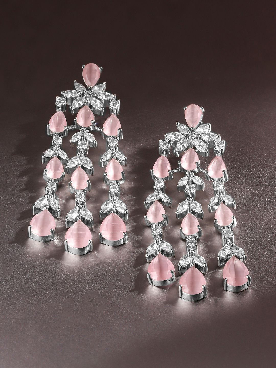 Rubans Rhodium-Plated Blush Pink & White Cubic Zirconia Cascading Chandelier Earrings