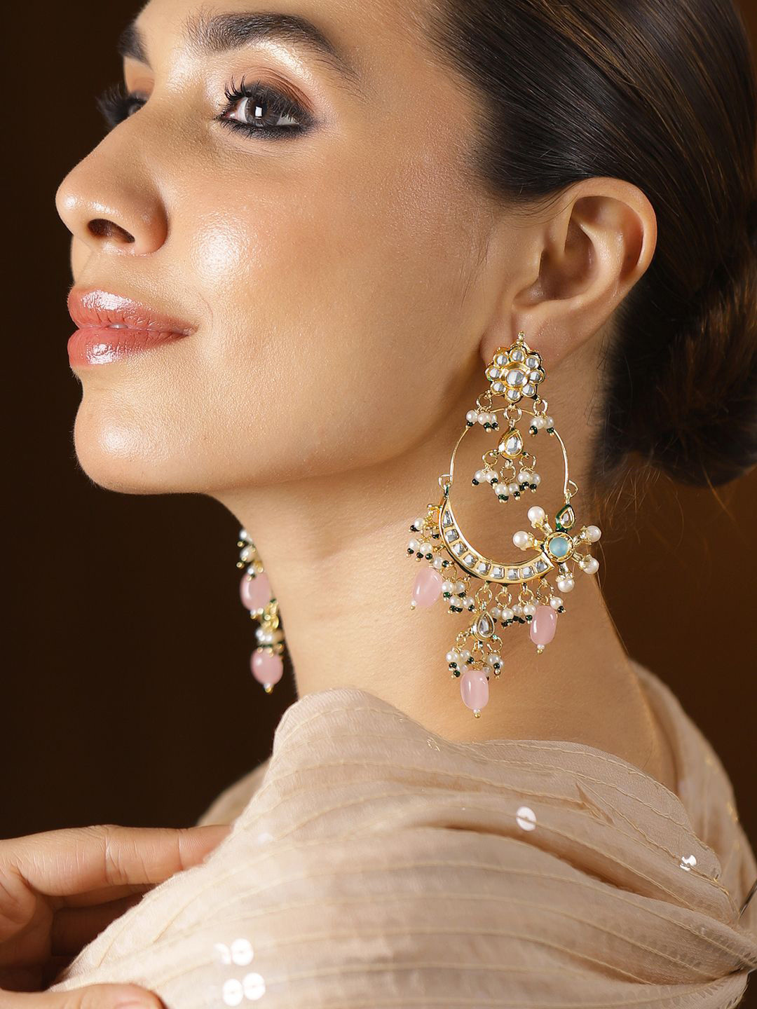 Rubans 22K Gold-Plated Pachi Kundan Chandbali Earrings with Rosy Pink Drops & Green Pearls