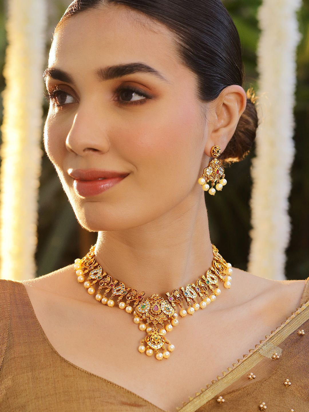 Rubans 22K Gold-Plated Ruby Pink & Emerald Zirconia Studded Pearl Beaded Jewellery Set