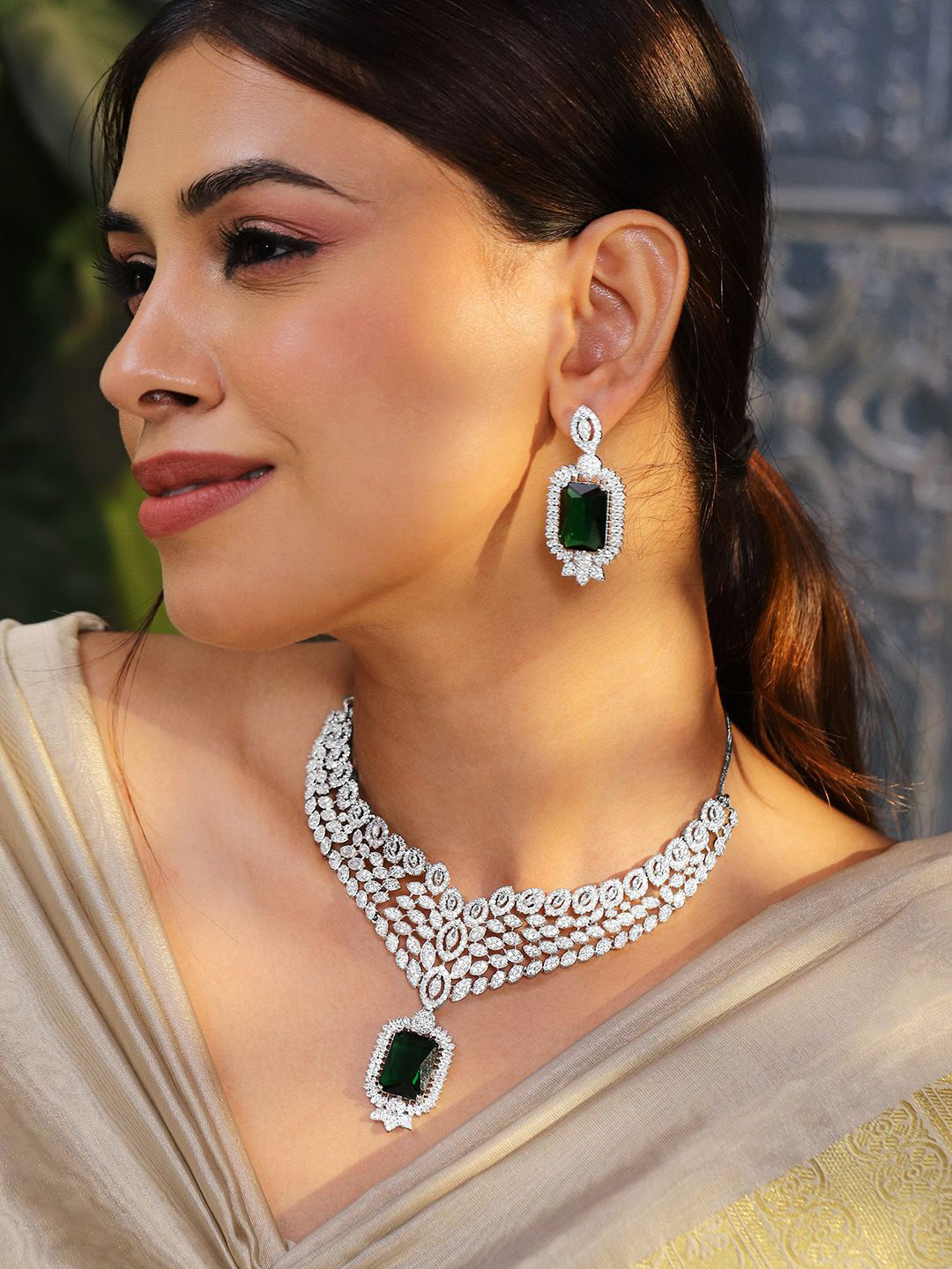 Rubans Rhodium-Plated Emerald & White Cubic Zirconia Luxe V-Shaped Statement Necklace Set