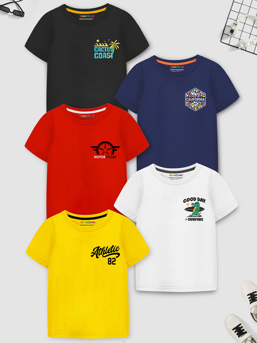 YK X Trampoline Boys Typography Printed Pack Of 5 Round Neck Cotton T-shirt